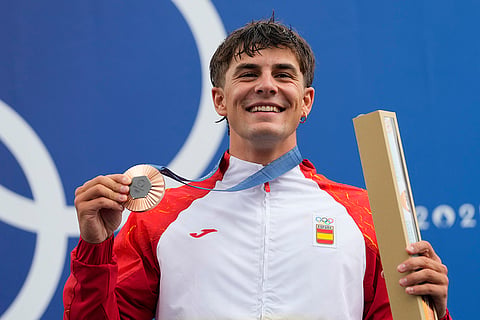 Men's kayak single finals medal ceremony: Bronze medalist Pau Echaniz of Spain